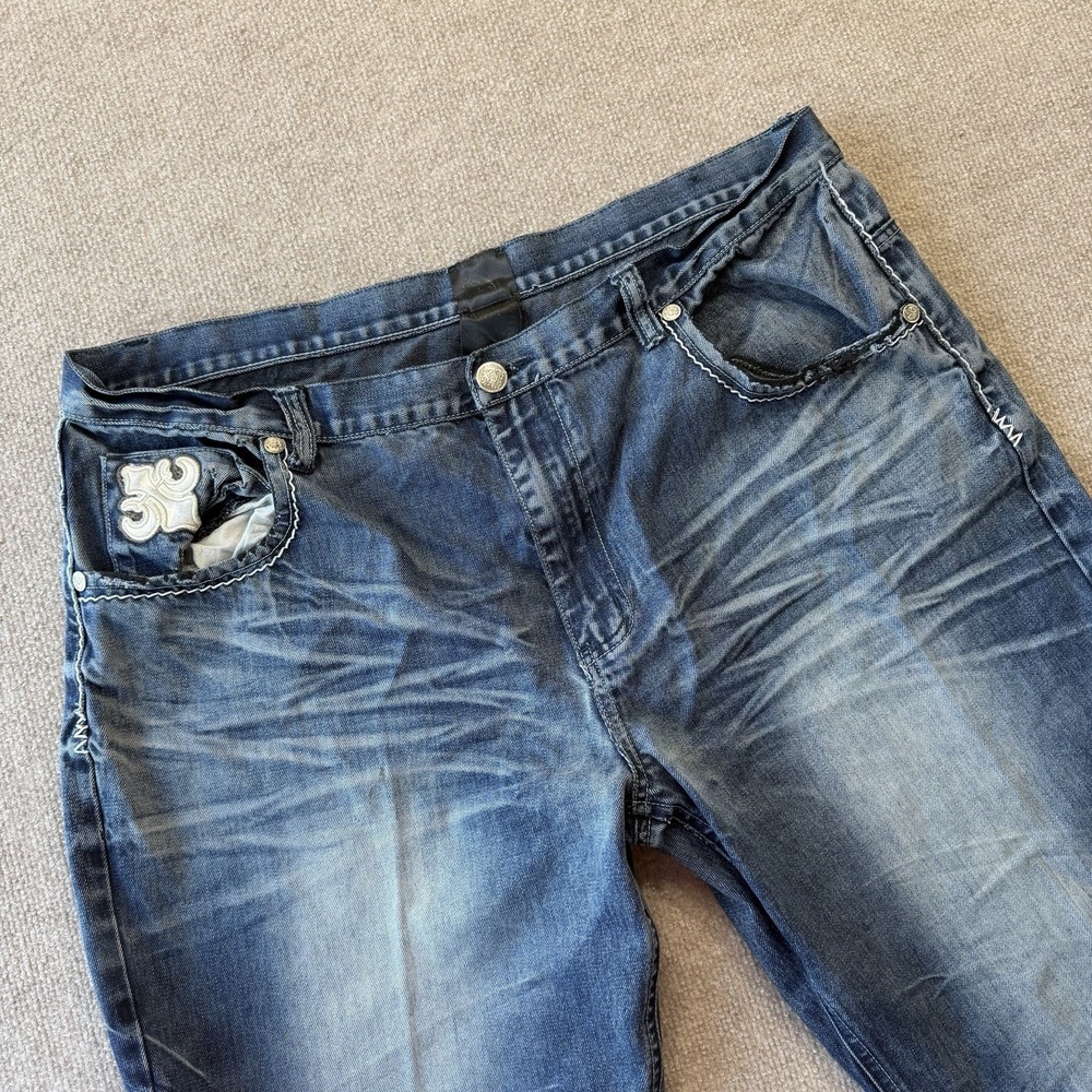 Raw Blue Premium Jeans Mens Y2K Rhinestone‎ Tribal Embroidered Grunge